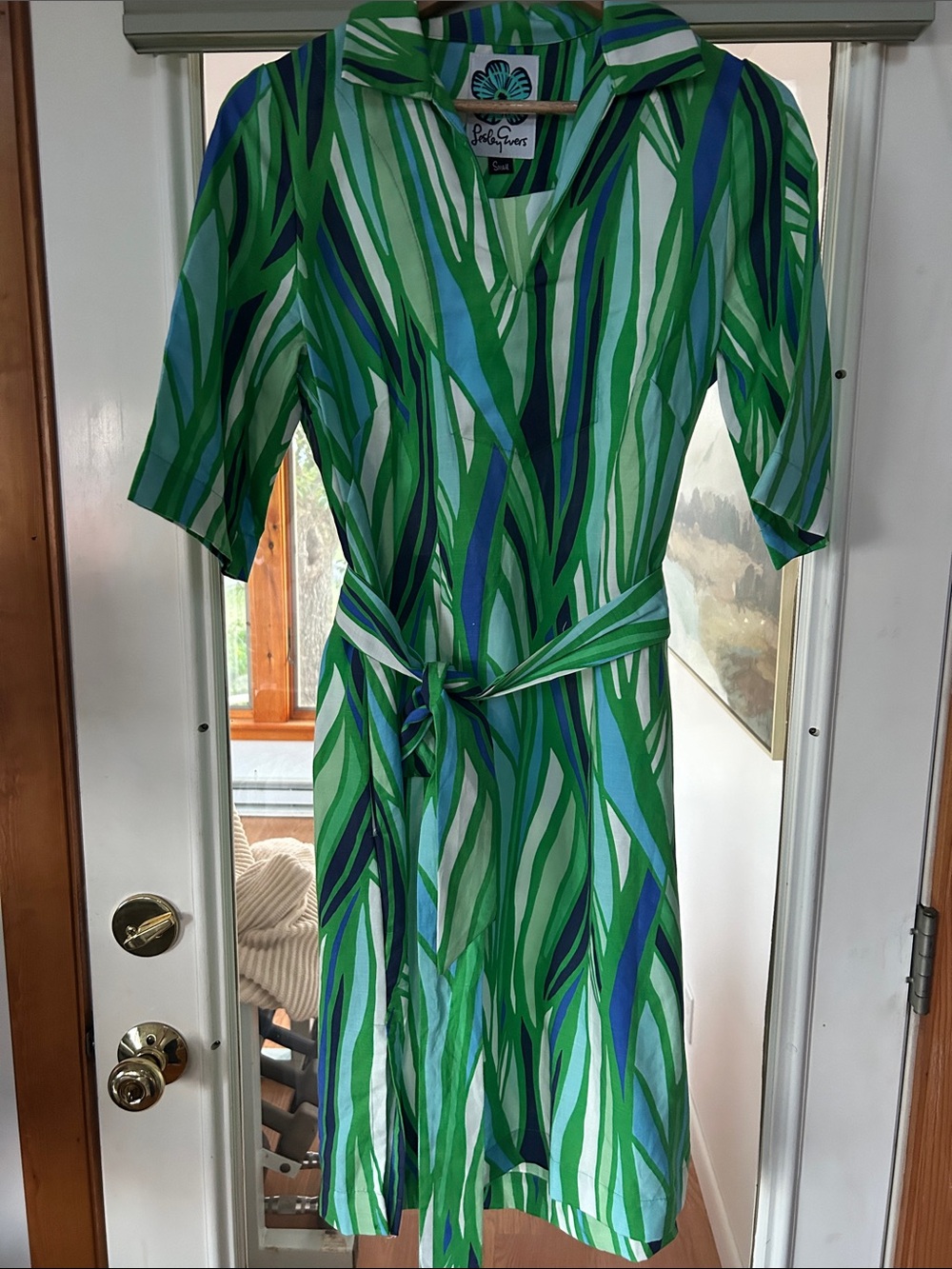 Leslie Evers Green and Blue Striped Wrap Midi Dress